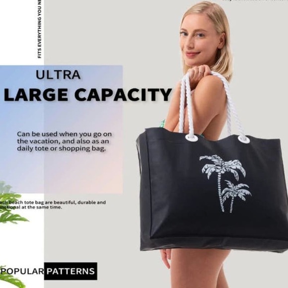 Large Black Beach Tote Bag With Palm Tree Print  NEW - Picture 2 of 2